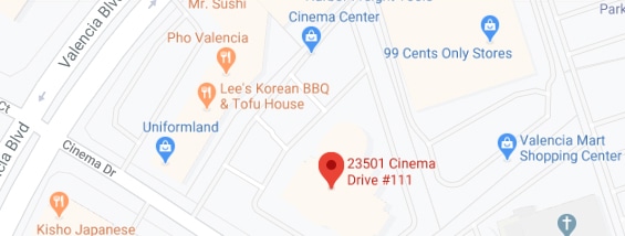 Street map of Valencia with a red pin on 23501 Cinema Drive #111, by the Cinema Center and Valencia Boulevard